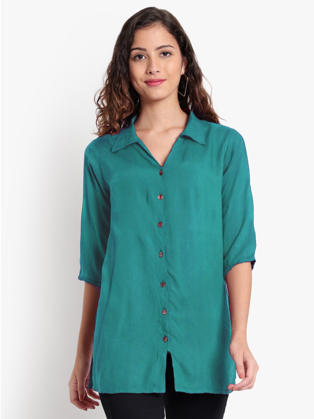 

Indietoga Classic Spread Collar Longline Shirt, Green