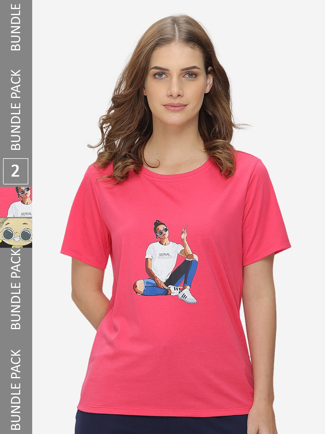 

GROVERSONS Paris Beauty Pack Of 2 Graphic Printed Cotton T-shirt, Fuchsia