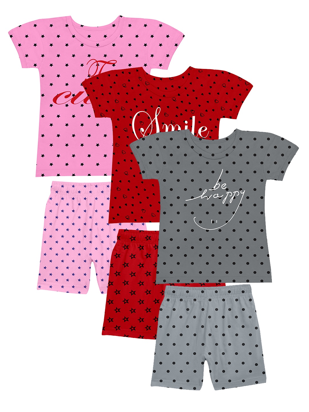

BAESD Girls Pack of 3 Conversational Printed Pure Cotton Night suits, Red