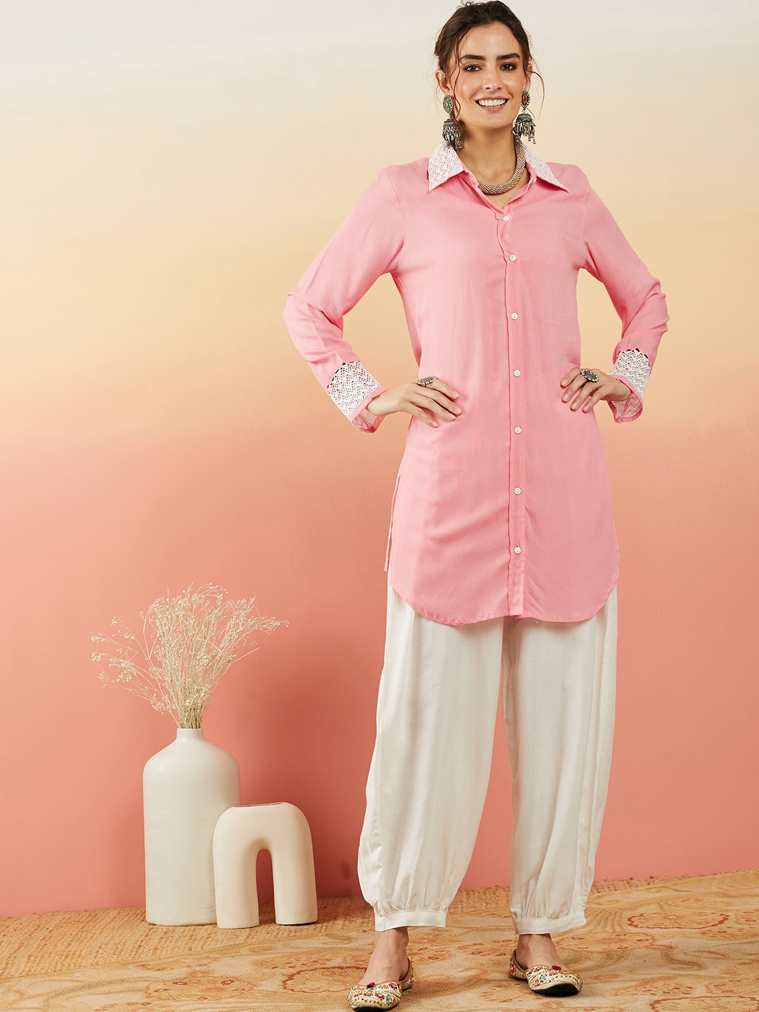 

Sangria Shirt Collar Pure Cotton Pathani Kurti With Salwar, Peach