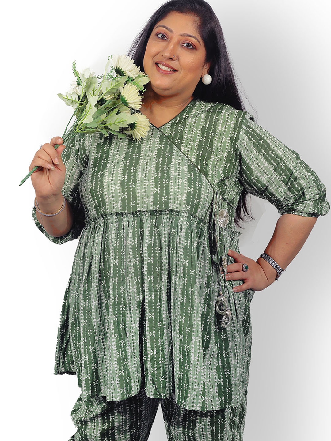 

Indietoga Plus Size Block Printed Pure Cotton Tunic & Trouser Co-Ords, Green