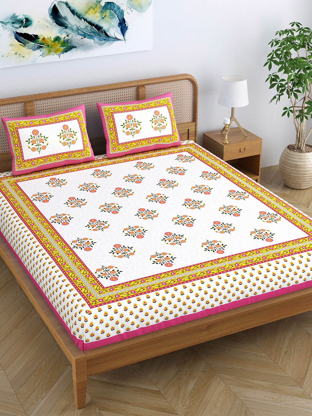 

SheetKart White & Pink Ethnic Motifs 120 TC Queen Bedsheet With 2 Pillow Covers