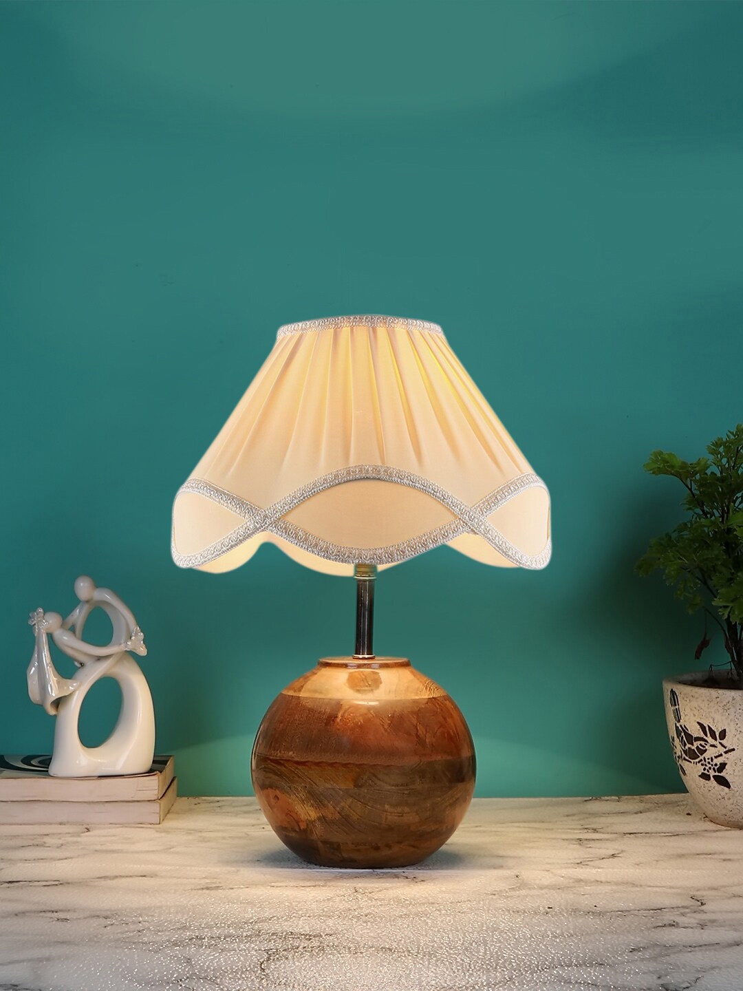 Devansh Off-White & Brown Textured Wooden Table Lamp With Cotton Shade
