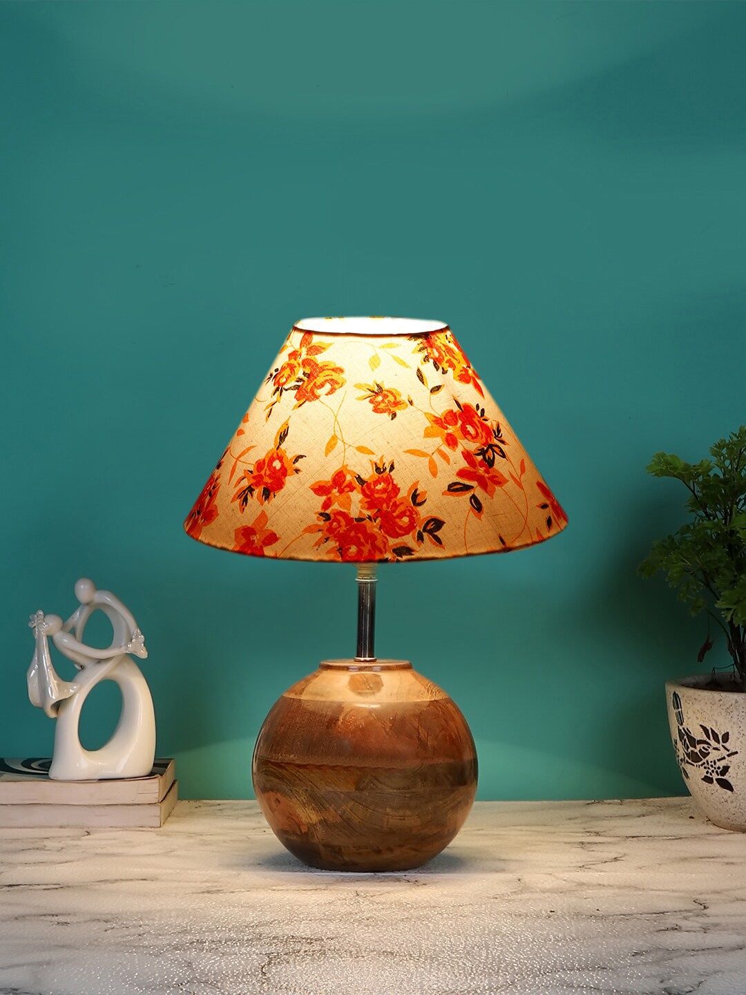 

Devansh White & Orange-Coloured Printed Wooden Table Lamp With Cotton Shade