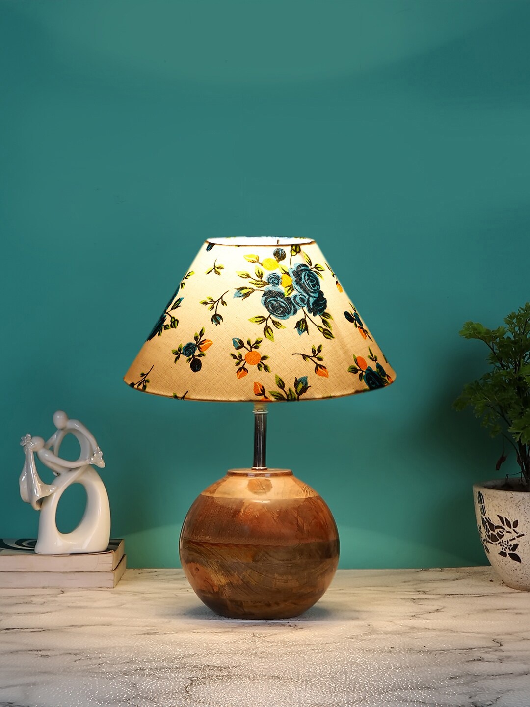 Devansh White & Blue Printed Wooden Table Lamp With Cotton Shade