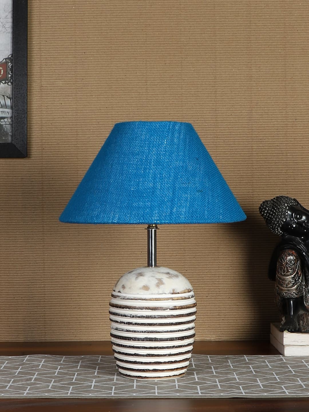 

Devansh Turquoise Blue & Brown Textured Wooden Table Lamp With Cotton Shade