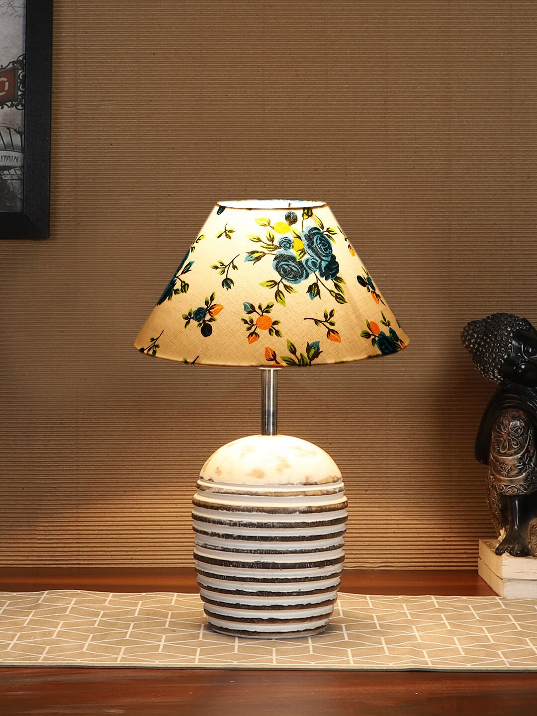 

Devansh White & Blue Printed Wooden Table Lamp With Cotton Shade