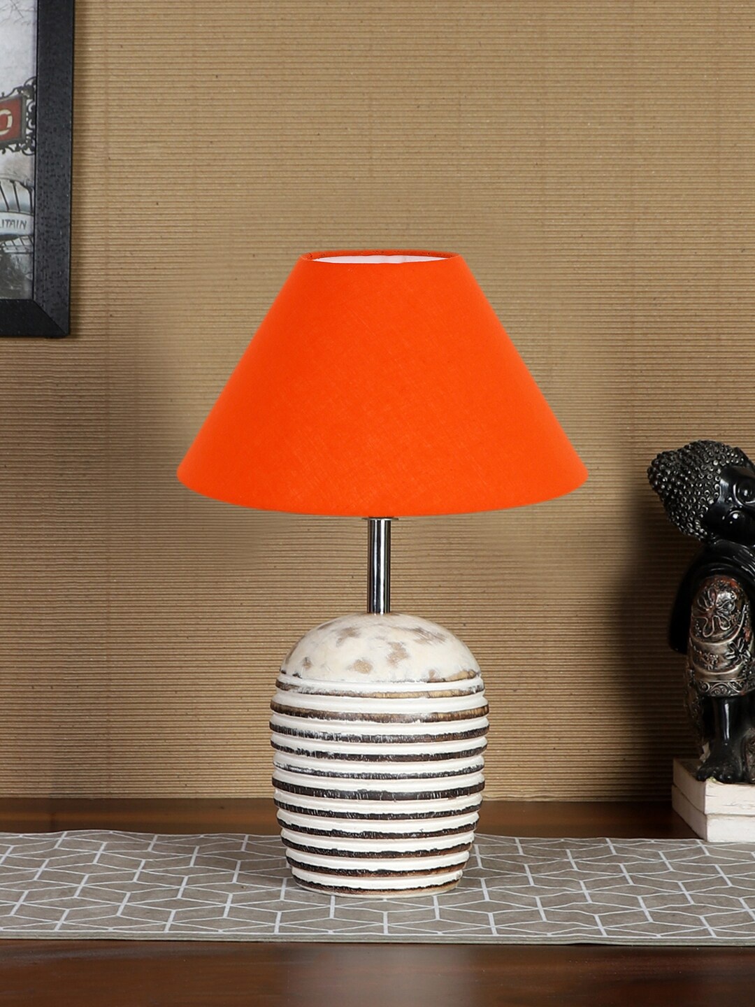 

Devansh Orange-Coloured & Brown Textured Wooden Table Lamp With Cotton Shade