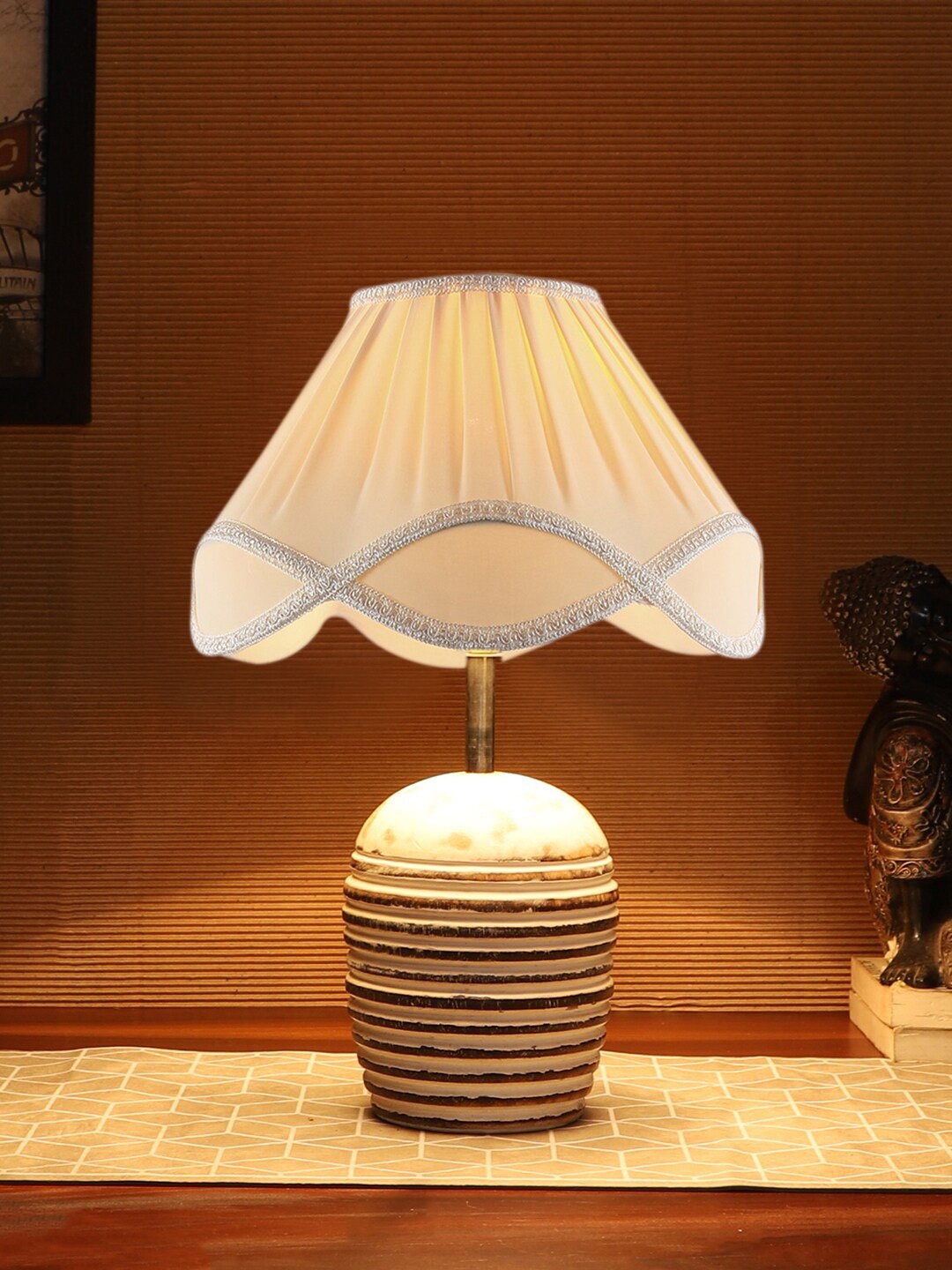 Devansh Off-White & Brown Textured Wooden Table Lamp With Cotton Shade