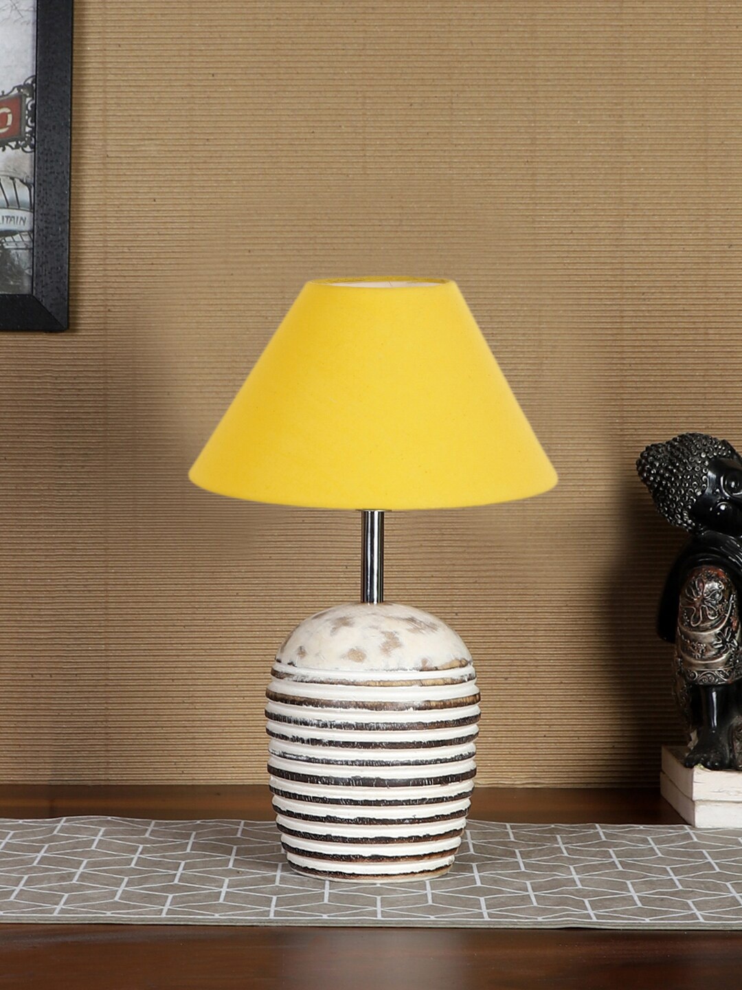 

Devansh Yellow & Brown Textured Wooden Table Lamp With Cotton Shade