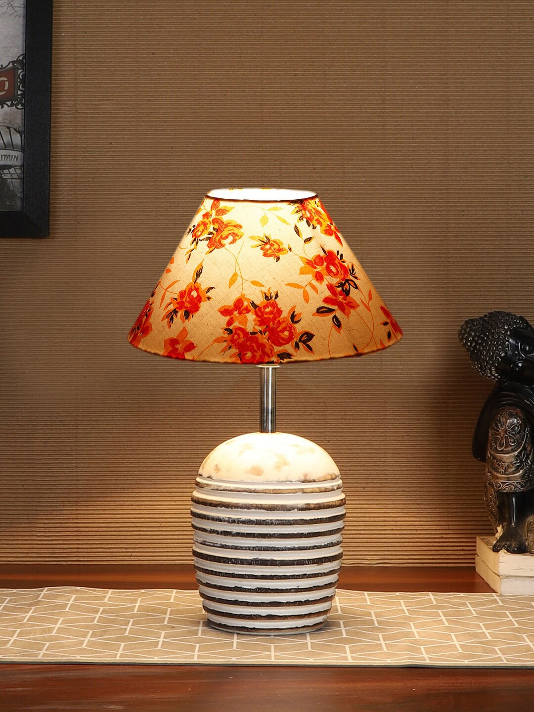 

Devansh White & Orange-Coloured Printed Wooden Table Lamp With Cotton Shade