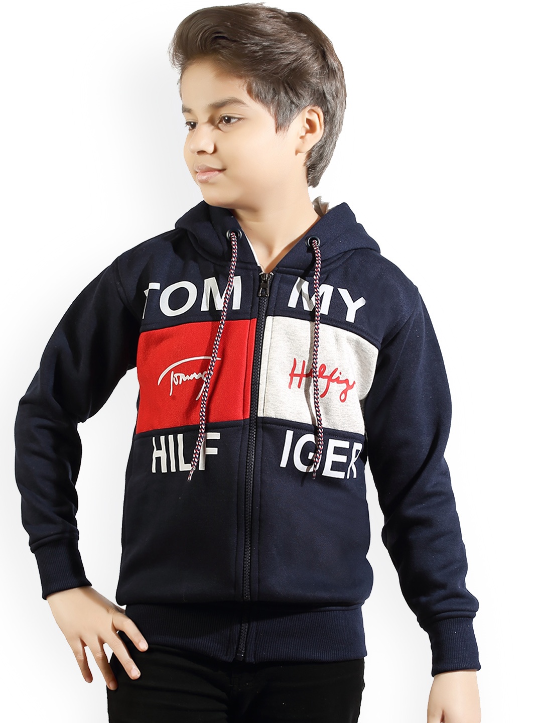 

BAESD Boys Typography Printed Hooded Neck Long Sleeve Zip Sweatshirts, Navy blue