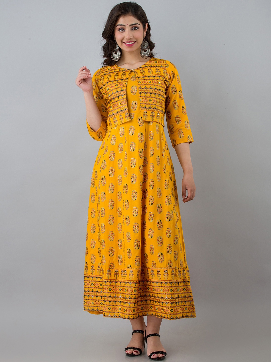

CELEBRAVO Floral Printed Round Neck Fit &Flare Midi Ethnic Dress With Jacket, Yellow