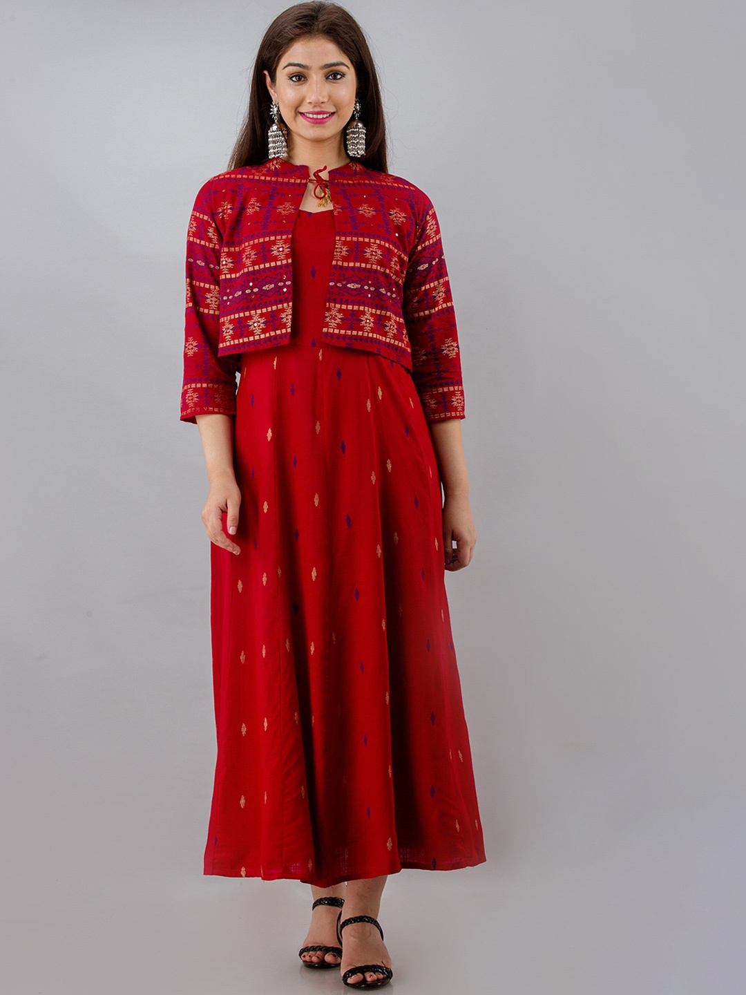 

CELEBRAVO Ethnic Motifs Printed A-Line Ethnic Dress With Jacket, Red