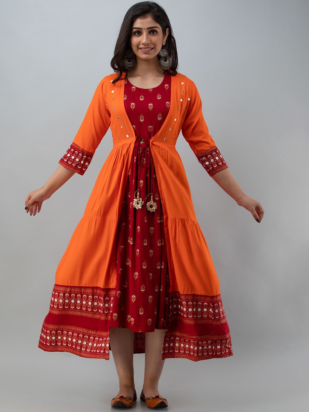 

CELEBRAVO Ethnic Motifs Printed Gathered A-Line Ethnic Dress With Shrug, Orange