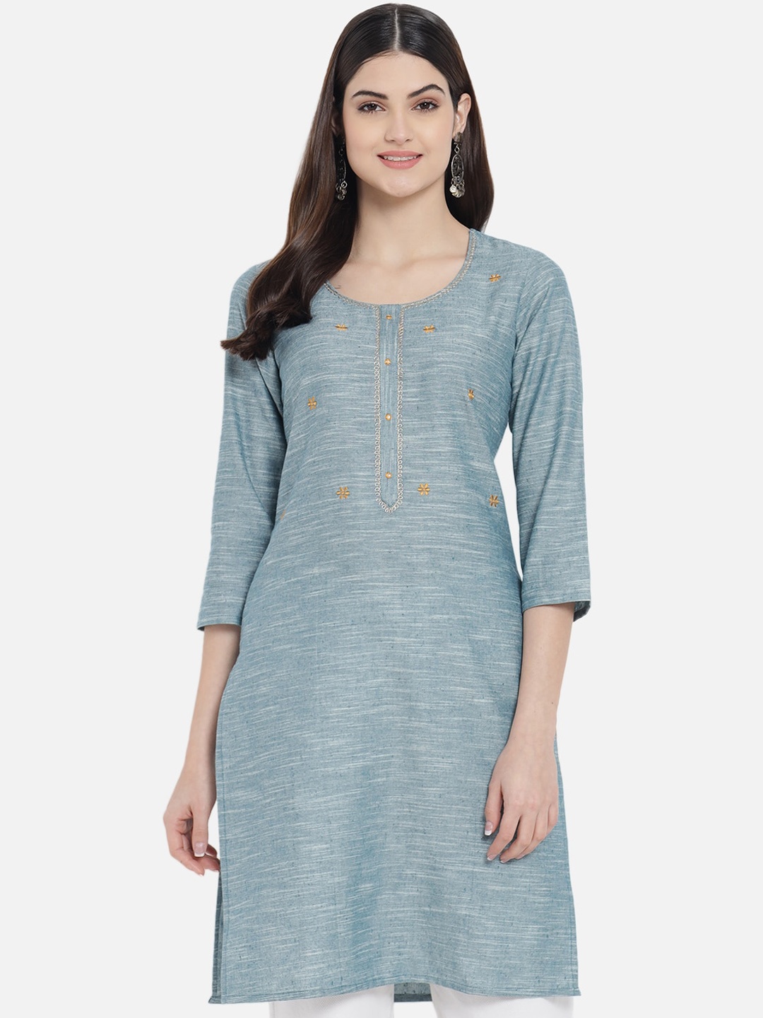 

AAYUMI Floral Embroidered Round Neck Three-quarter Sleeve Cotton Kurta, Grey