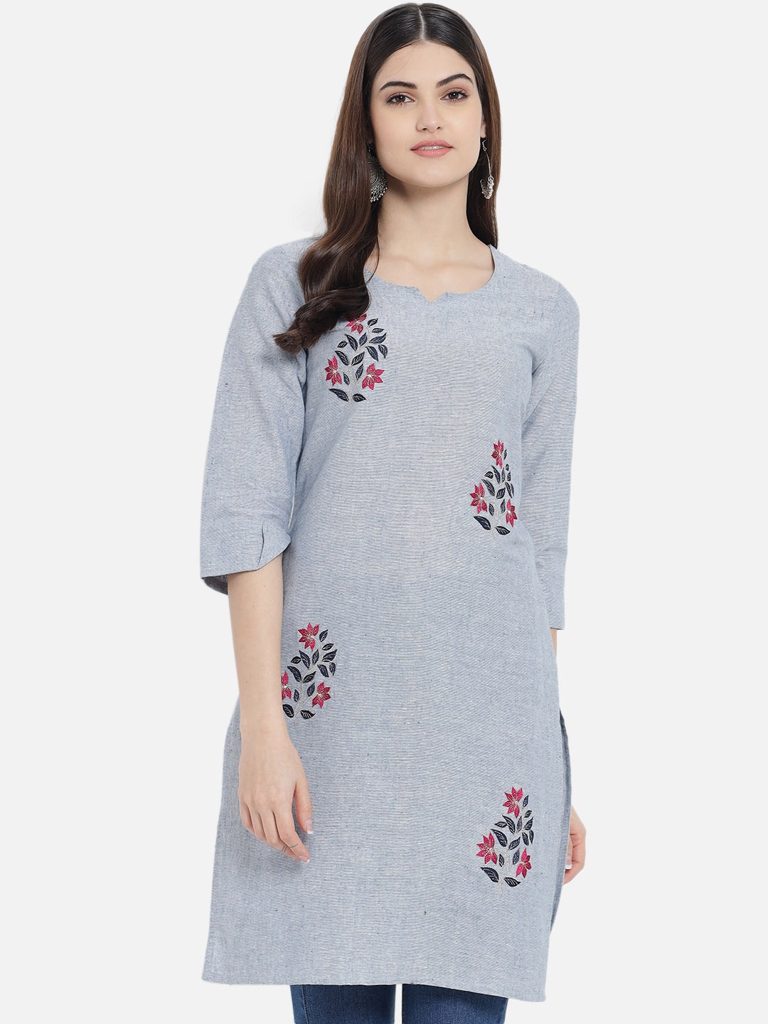 AAYUMI Floral Embroidered Round Neck Three-quarter Sleeve Cotton Kurta, Grey