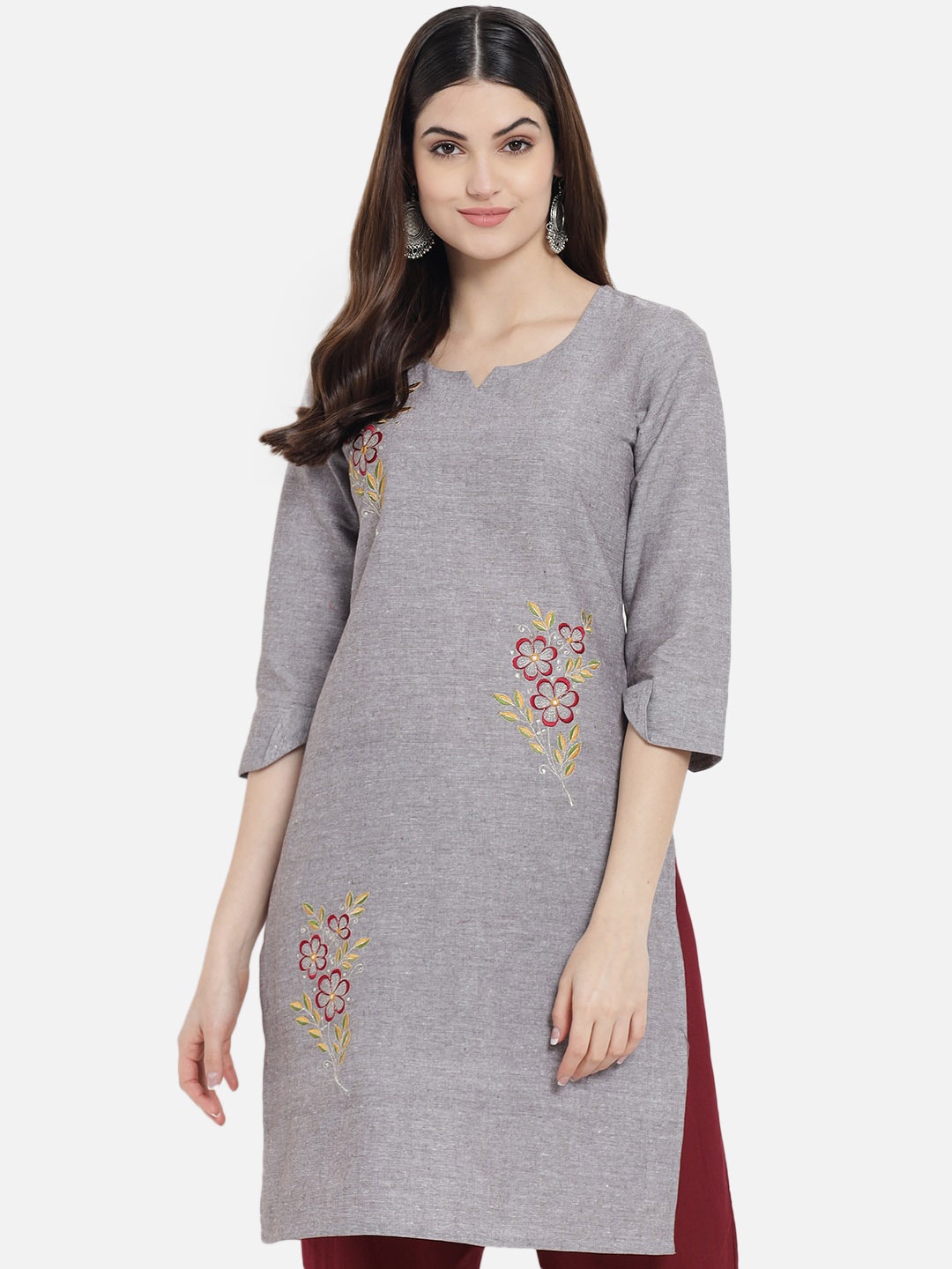 

AAYUMI Floral Embroidered Round Neck Three-quarter Sleeve Cotton Kurta, Grey