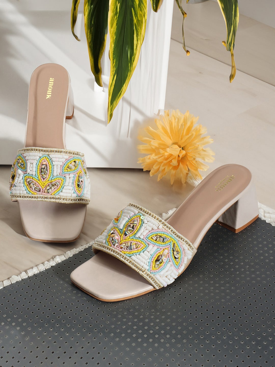 

Anouk White & Yellow Embellished Block Heels