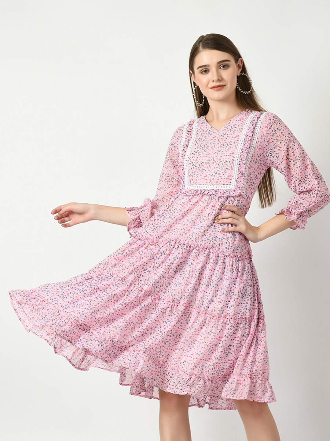 

DressBerry Floral Print Georgette Fit & Flare Dress, Pink