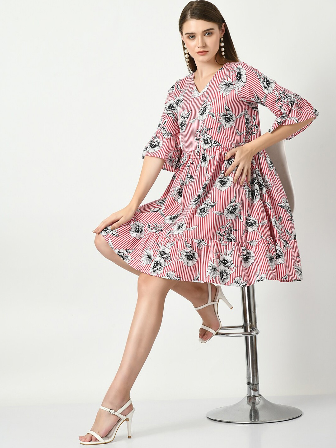 

DressBerry Floral Printed Bell Sleeves Cotton Fit & Flare Dress, Pink