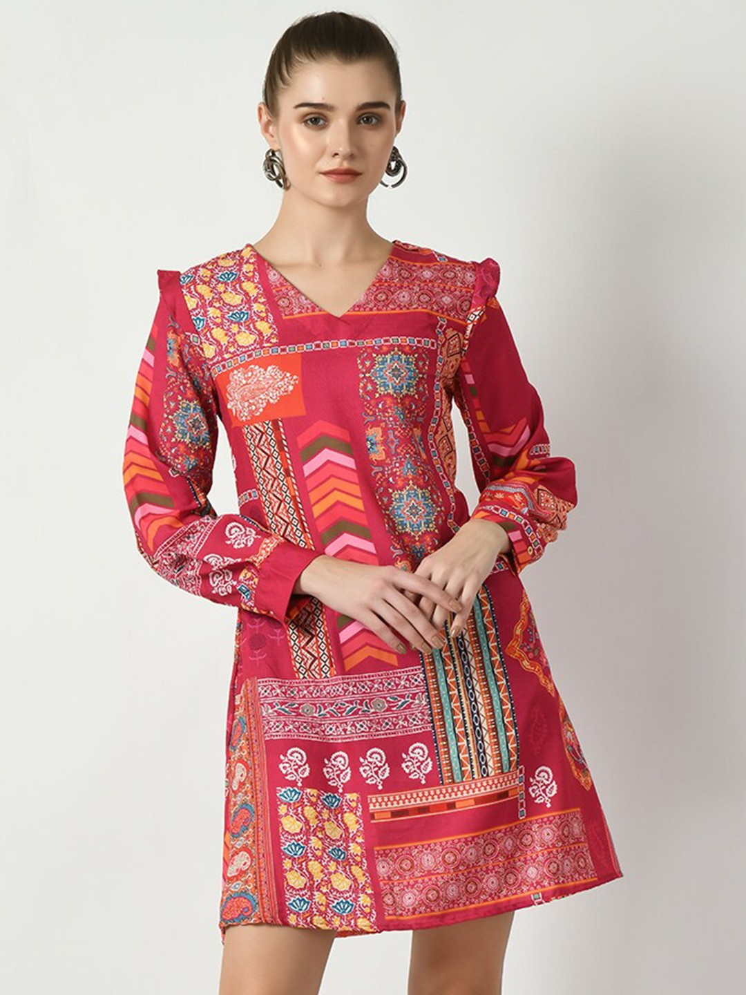 

DressBerry Pink And Blue Ethnic Motifs Printed Linen A-Line Mini Dress