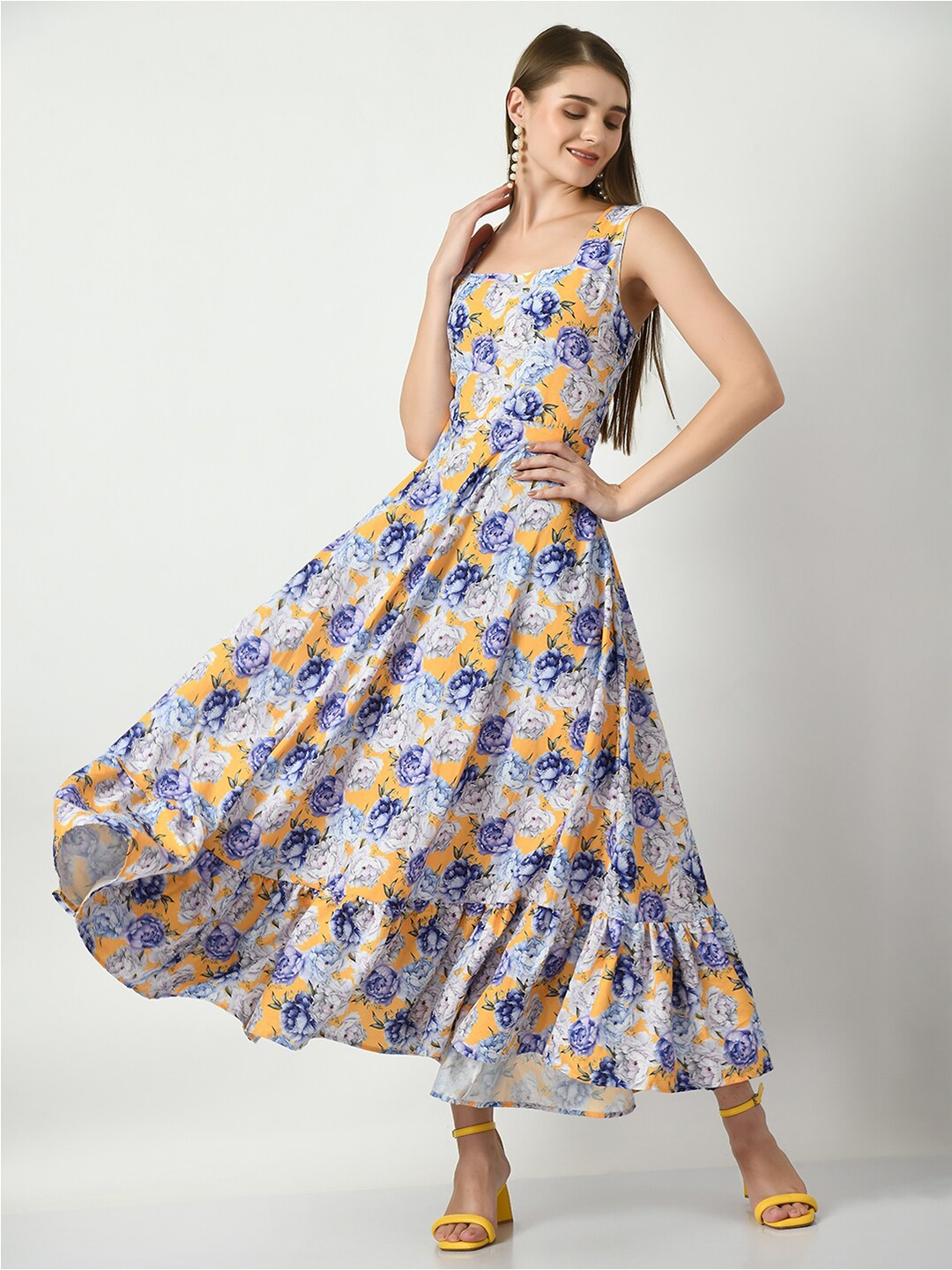 

Sangria Floral Printed Square Neck Linen Fit & Flare Maxi Dress, Grey