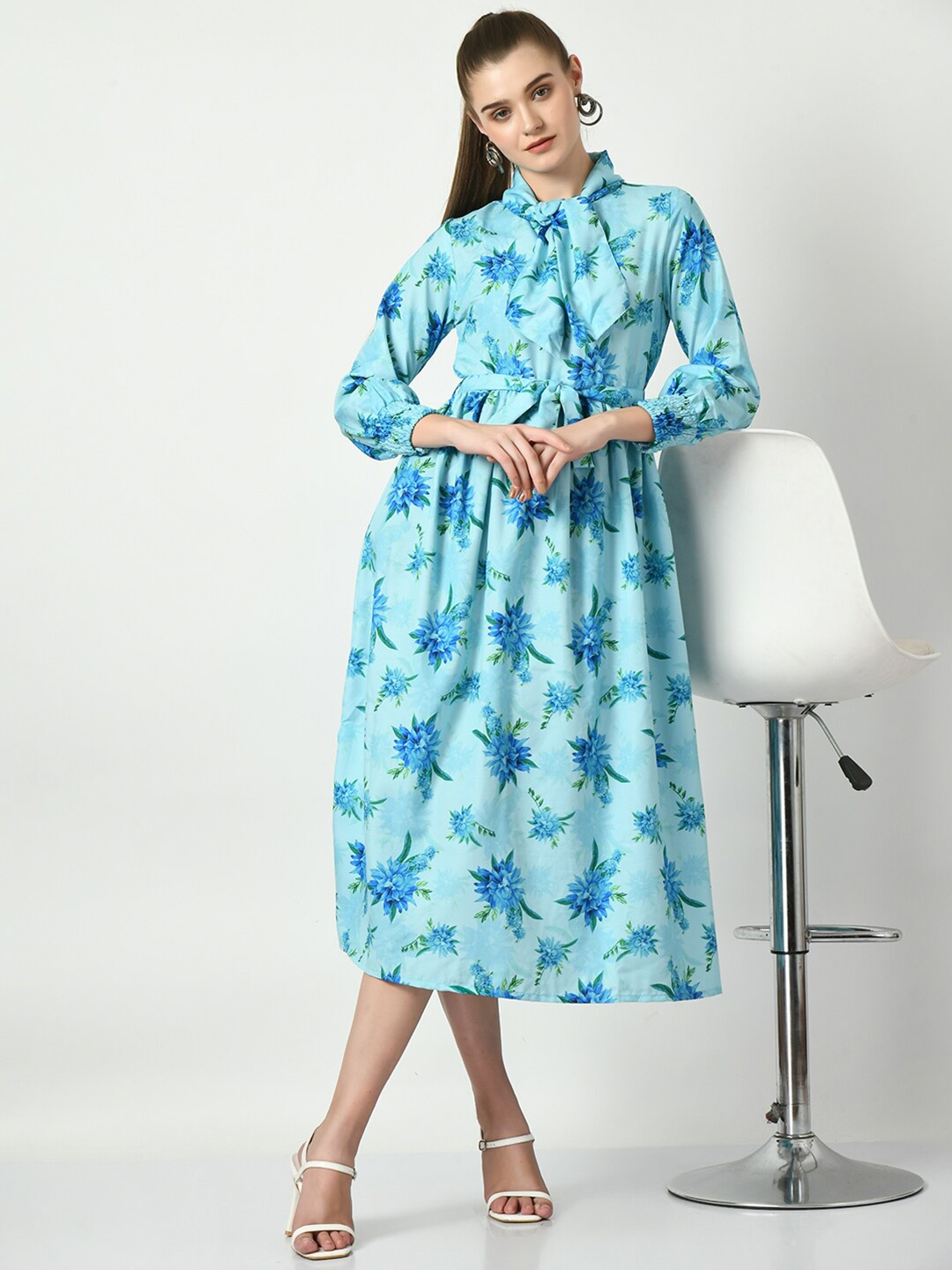 

Sangria Floral Print Puff Sleeve Linen Fit & Flare Midi Dress, Blue