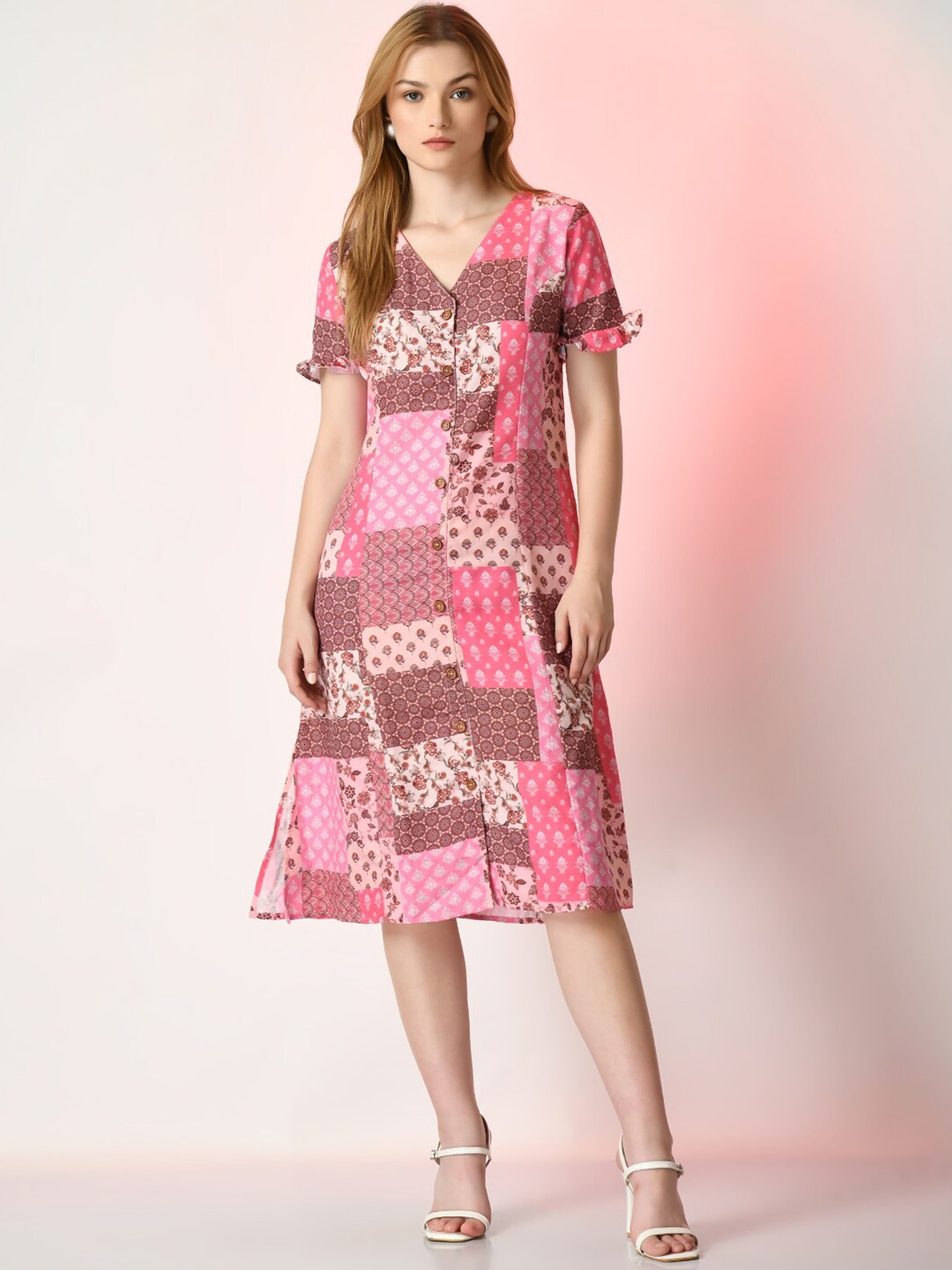 

Sangria Geometric Printed A-Line Dresses, Pink
