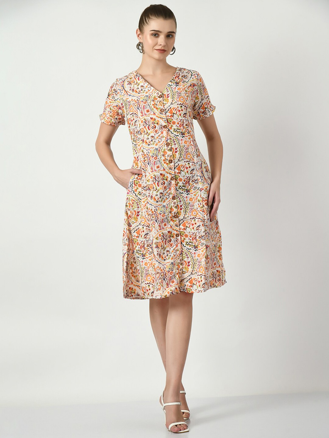

Sangria Floral Print Linen A-Line Dress, Beige