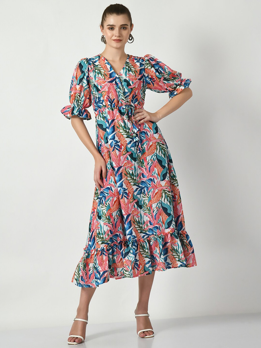 

Sangria Tropical Printed Gathered A-Line Midi Dress, Pink