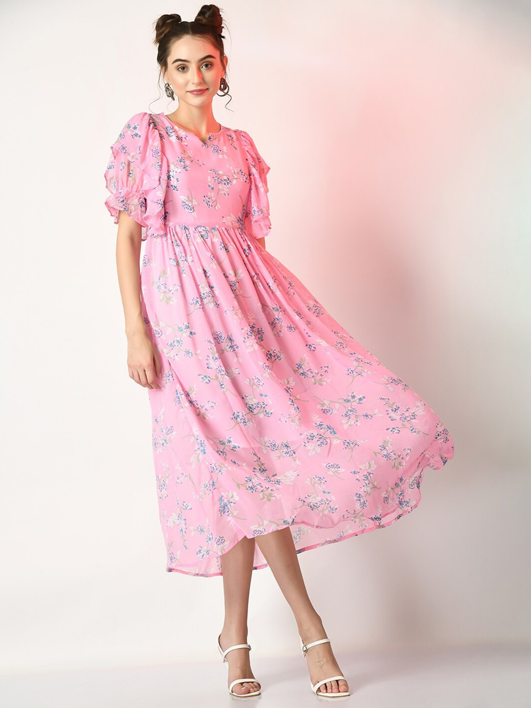 

Sangria Floral Printed Flutter Sleeves Fit & Flare Dress, Pink