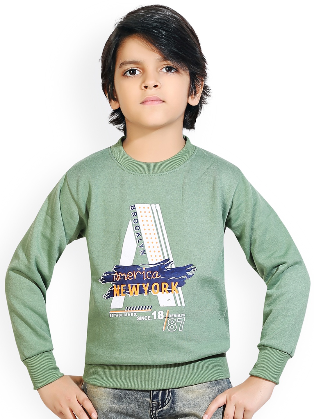 

BAESD Typography Printed Round Neck Ribbed Hem Pullover, Green