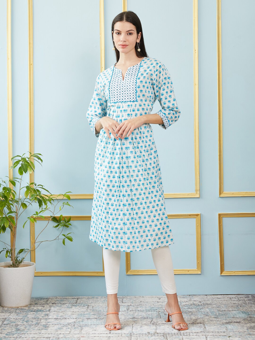 

See Designs Floral Printed V-Neck Pure Cotton A-Line Kurta, Blue