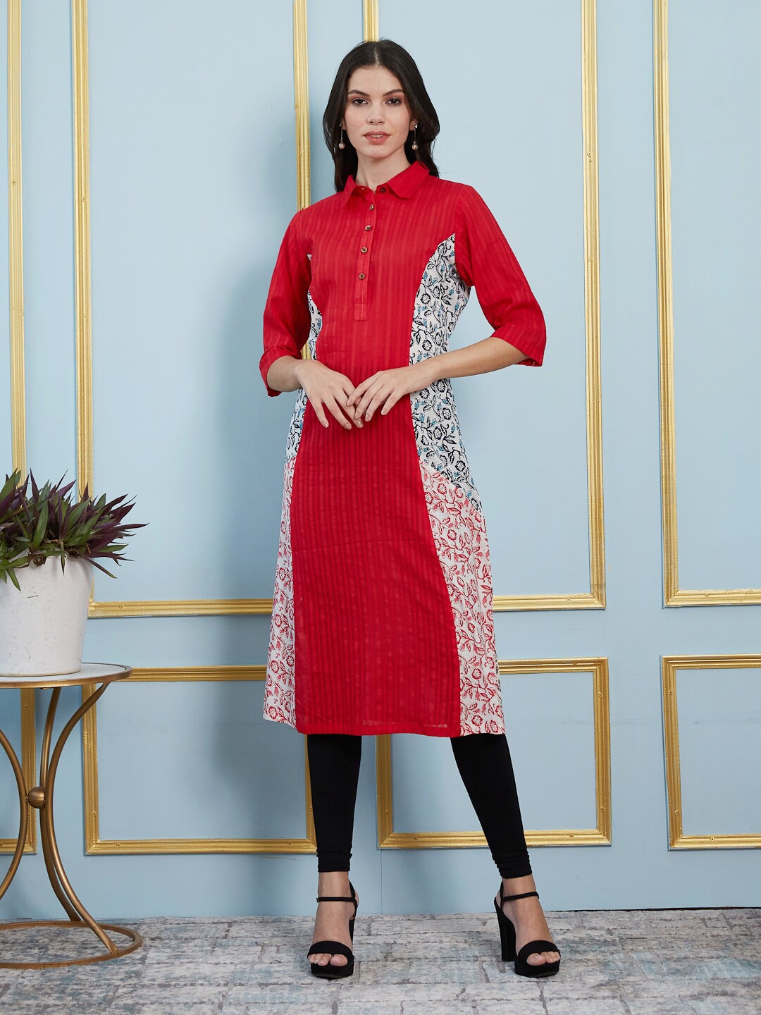 

See Designs Floral Printed Shirt Collar A-Line Cotton Kurta, Red