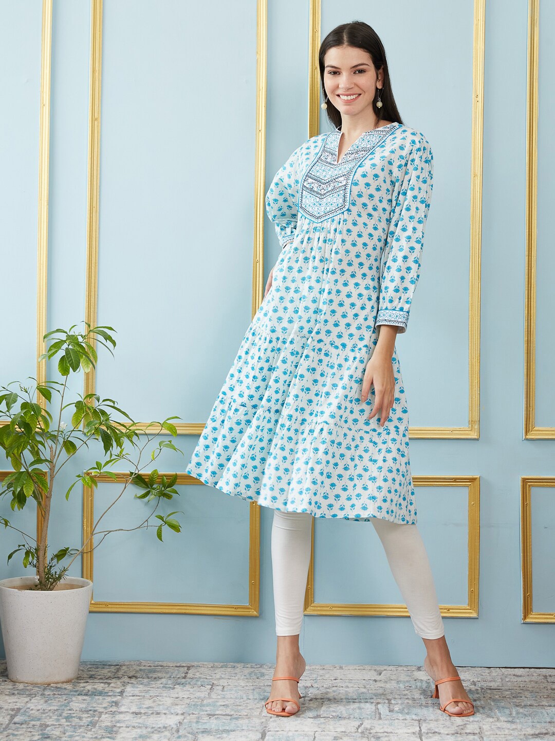 

See Designs Floral Printed Puff Sleeve Thread Work Cotton Tiered Kurta, Blue