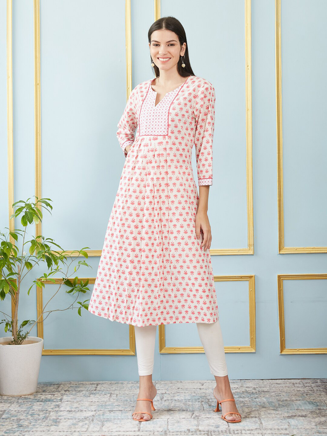 

See Designs Floral Printed Thread Work Cotton A-Line Kurta, Pink