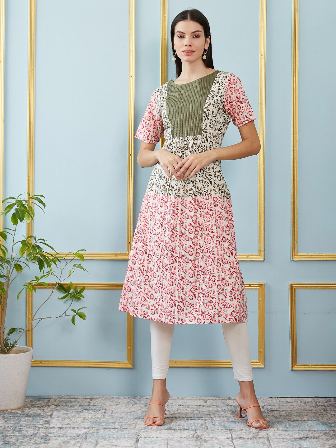 

See Designs Floral Printed Pure Cotton A -Line Kurta, Off white