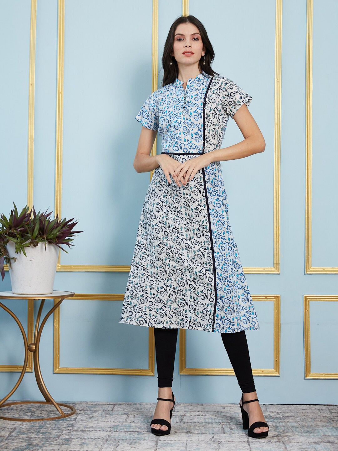 

See Designs Floral Printed Mandarin Collar Pure Cotton A -Line Kurta, White