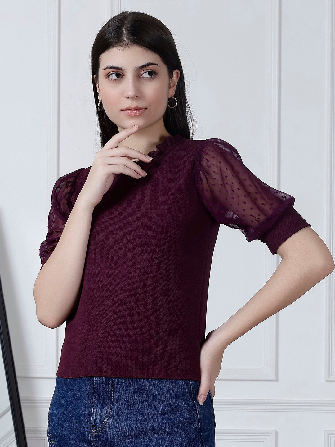 

NEUDIS High Neck Puff Sleeves Top, Burgundy