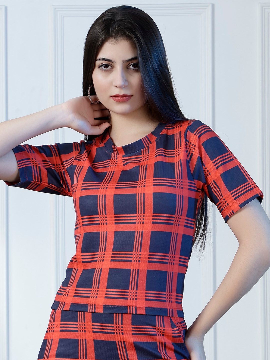 

NEUDIS Round Neck Checked Top, Red