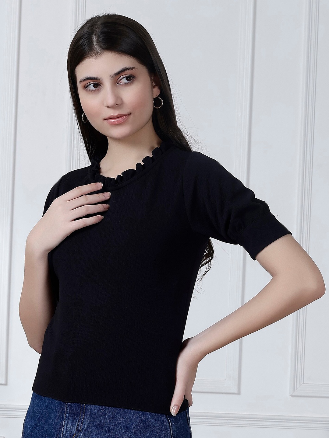 

NEUDIS Round Neck Regular Top, Black