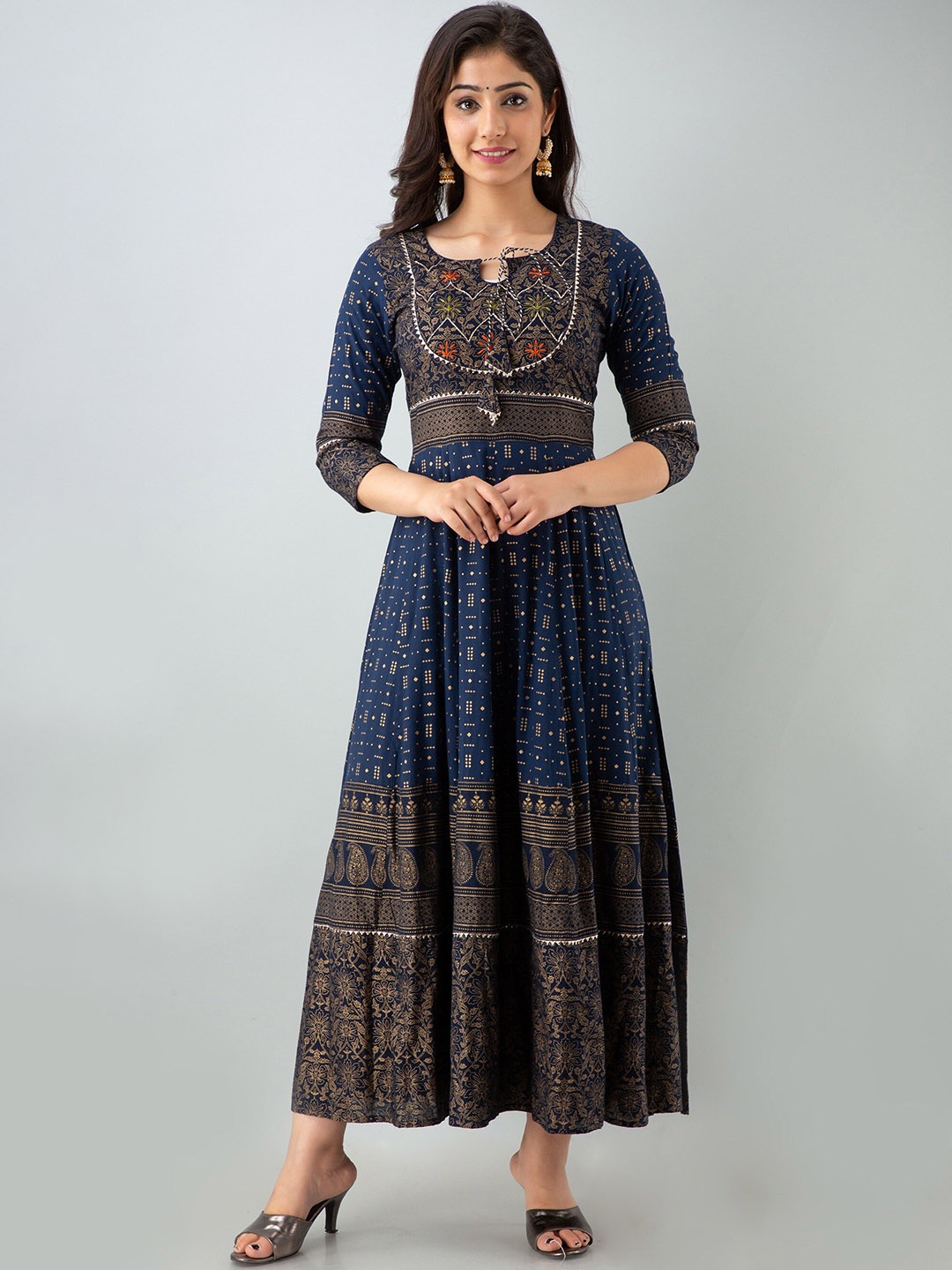 

CELEBRAVO Ethnic Motifs Printed Tie-Up Neck Gotta Patti Anarkali Kurta, Blue