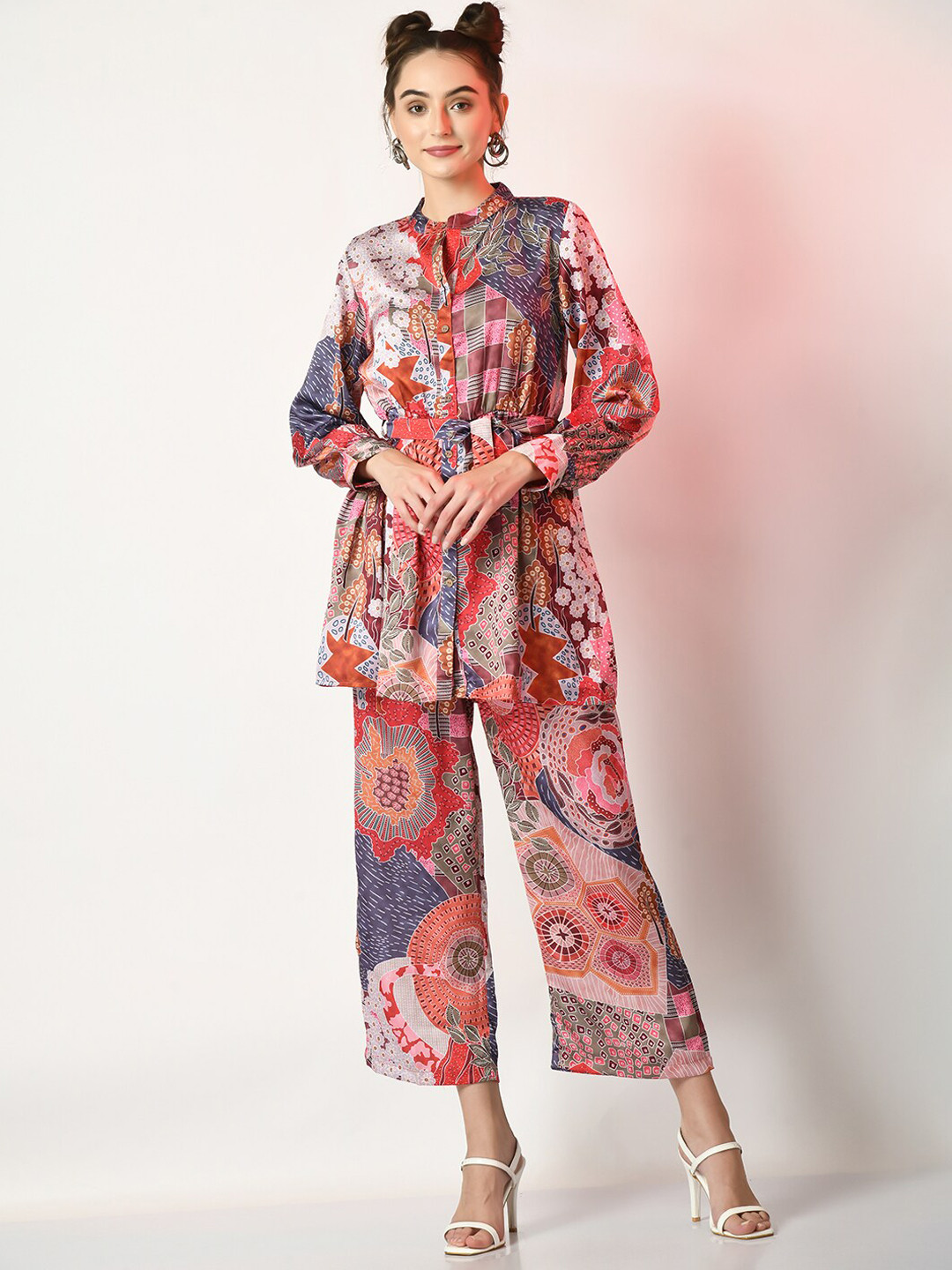 

Sangria Mandarin Collar Abstract Printed Shirt With Trousers Co-Ords, Red