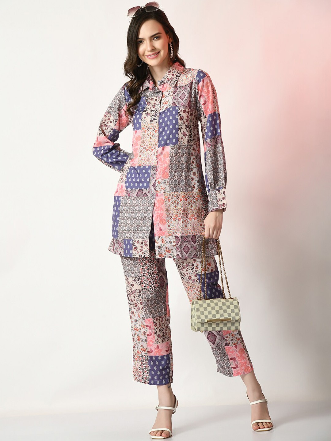 

Sangria Shirt Collar Floral Printed Linen Shirt With Trousers Co-Ords, Blue