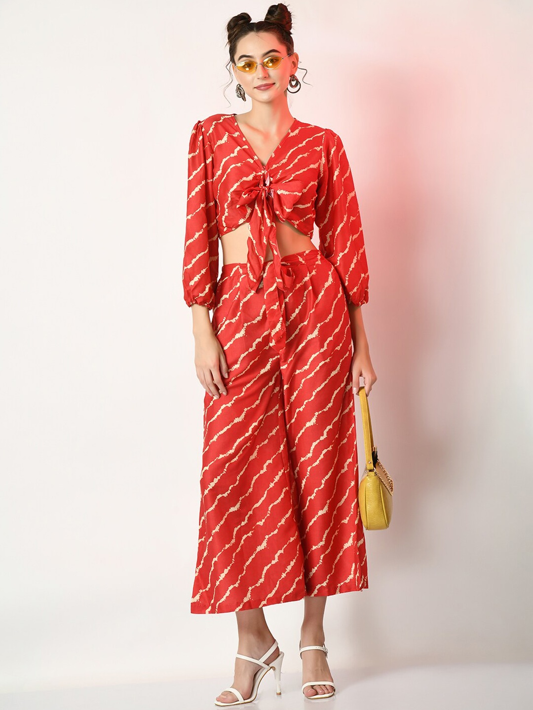 

DressBerry Printed V-Neck Crop Top With Flared Palazzo Co-Ords, Red