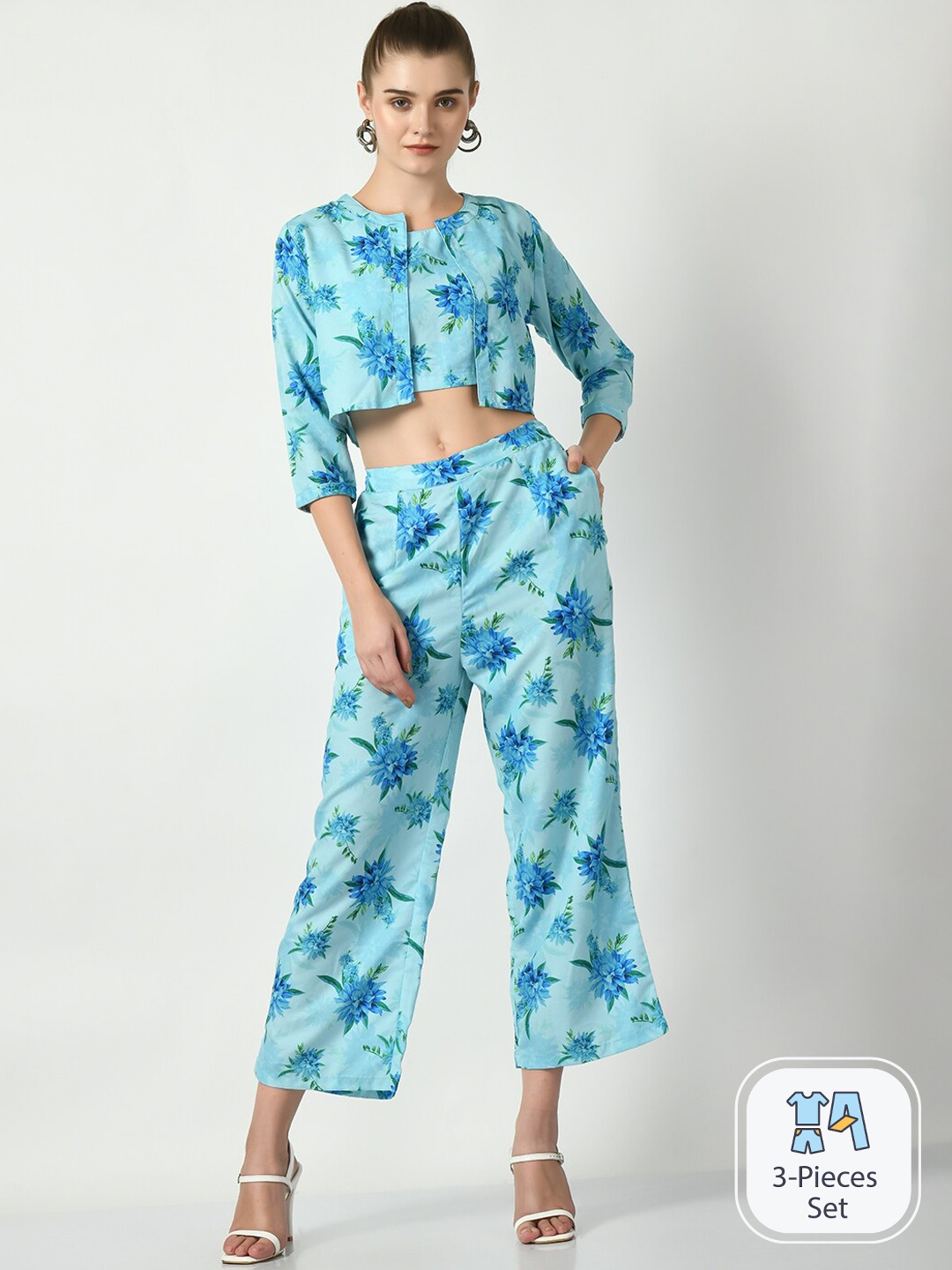 

DressBerry Floral Printed Top & Trouser With Shrug, Blue
