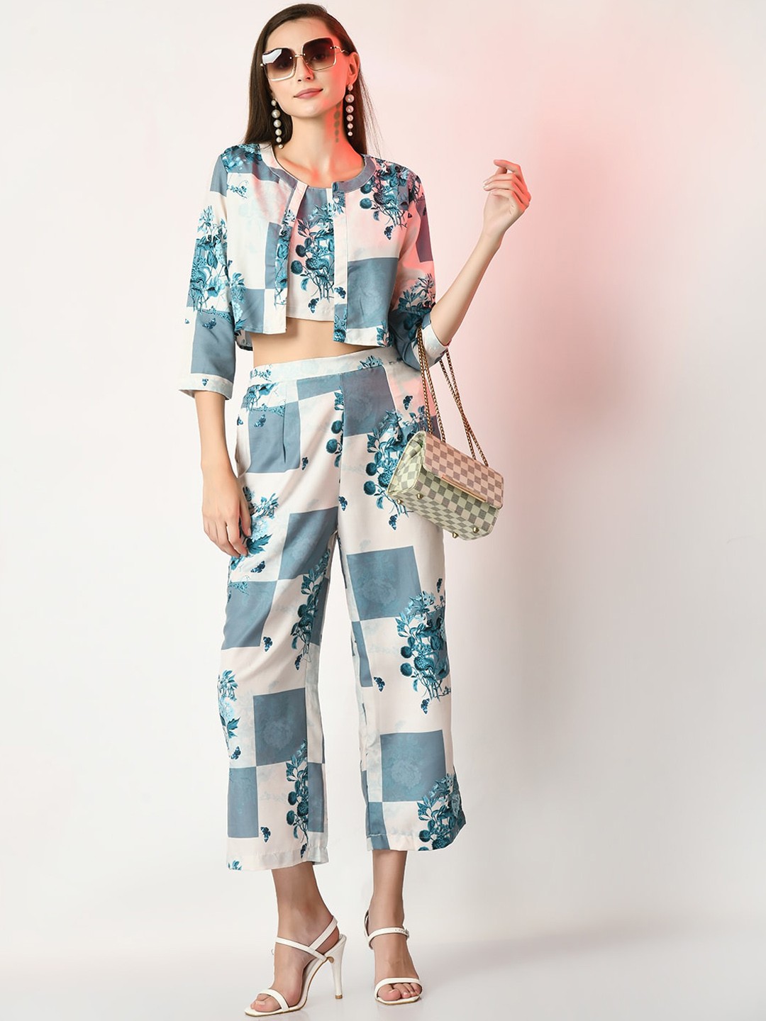 

DressBerry Pack Of 3 Floral Printed Linen Top Shrug & Trouser Co-Ords, Blue