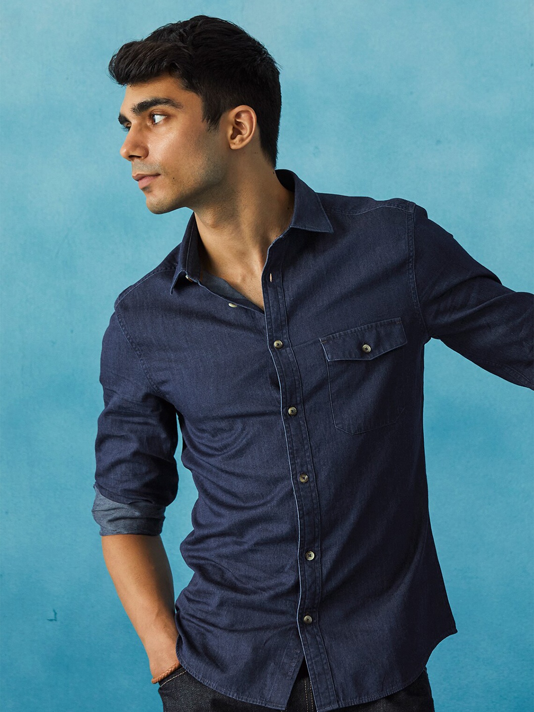 

Andamen Premium Spread Collar Cotton Shirt, Navy blue