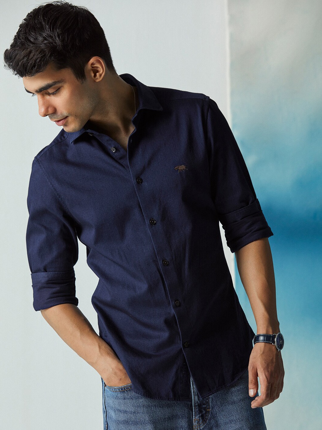 

Andamen Premium Spread Collar Slim Fit Cotton Shirt, Navy blue
